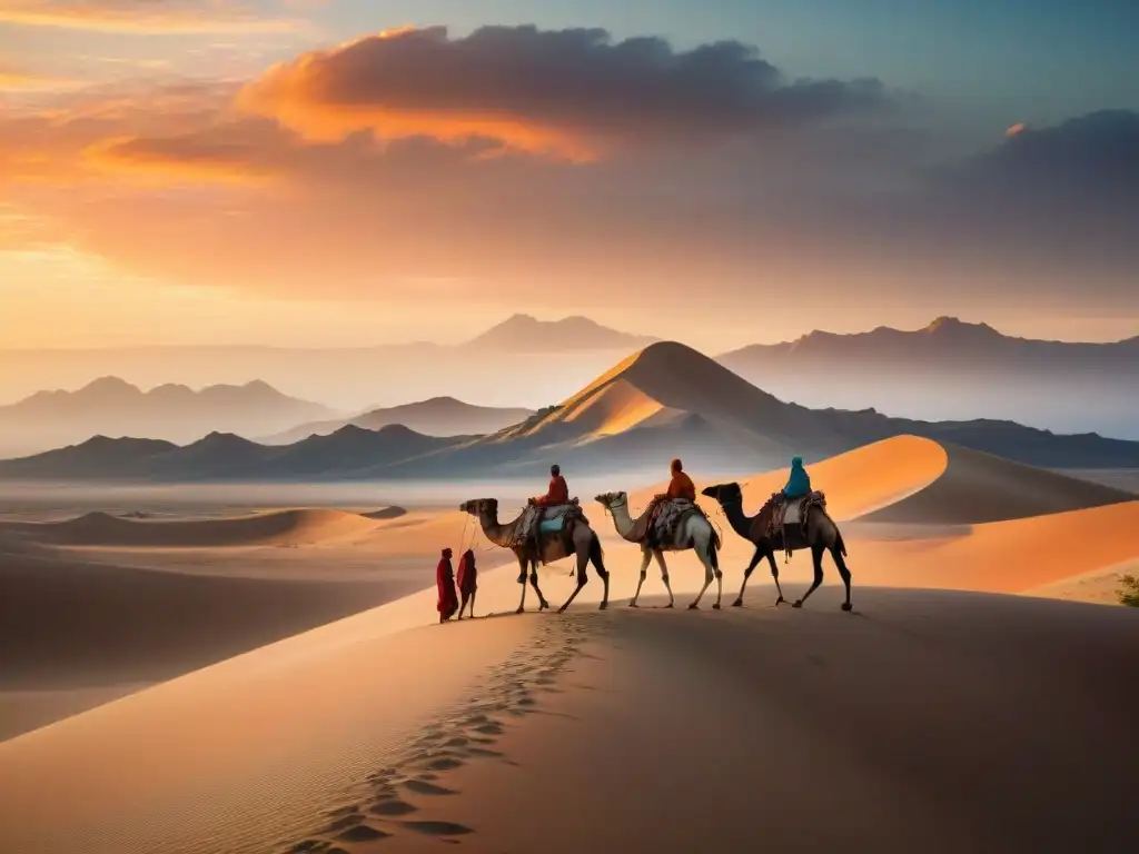 Simbolismo de elementos naturales en la cultura nómada: caravana de siluetas atravesando dunas doradas al atardecer