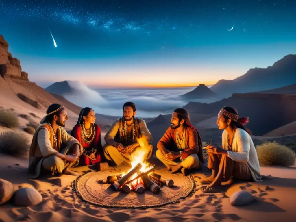 Una sinfonía nocturna de instrumentos musicales tradicionales culturas nómadas bajo las estrellas en el desierto