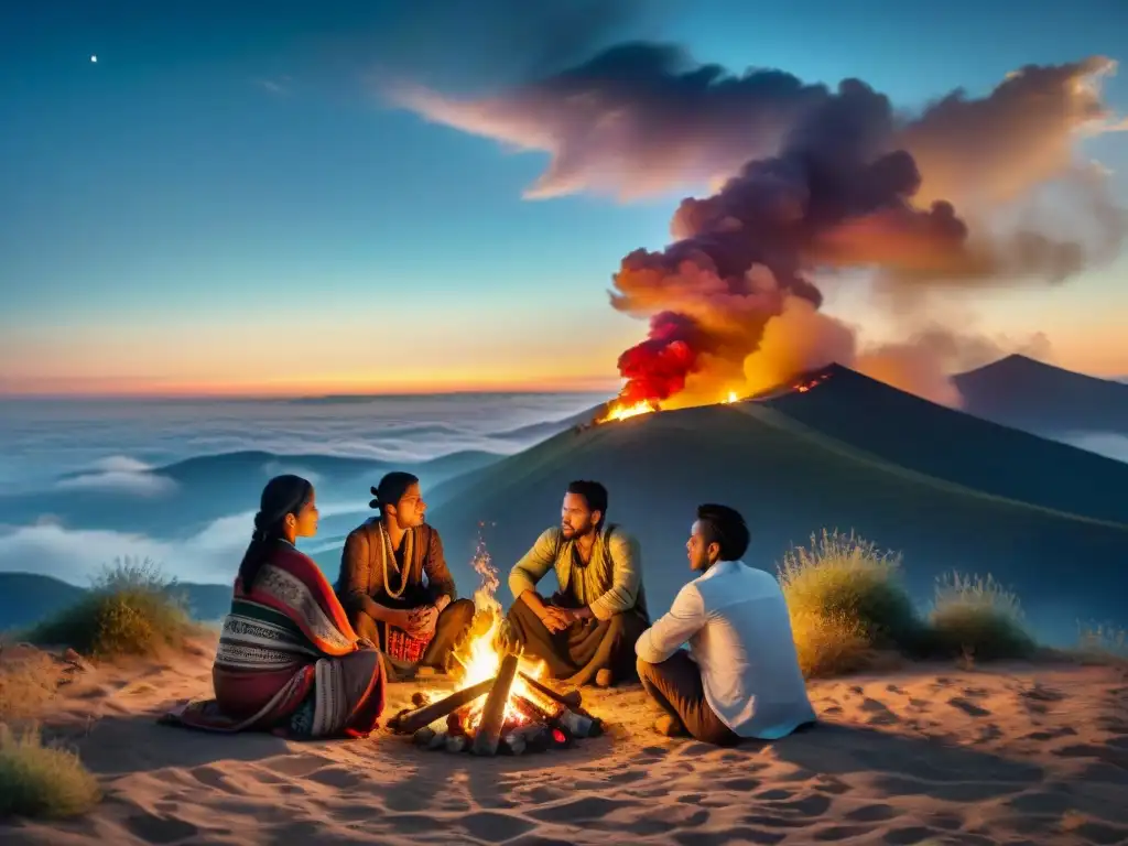 Organización social tribus nómadas reunidas alrededor de fogata al atardecer, siluetas iluminadas por llamas contra cielo estrellado