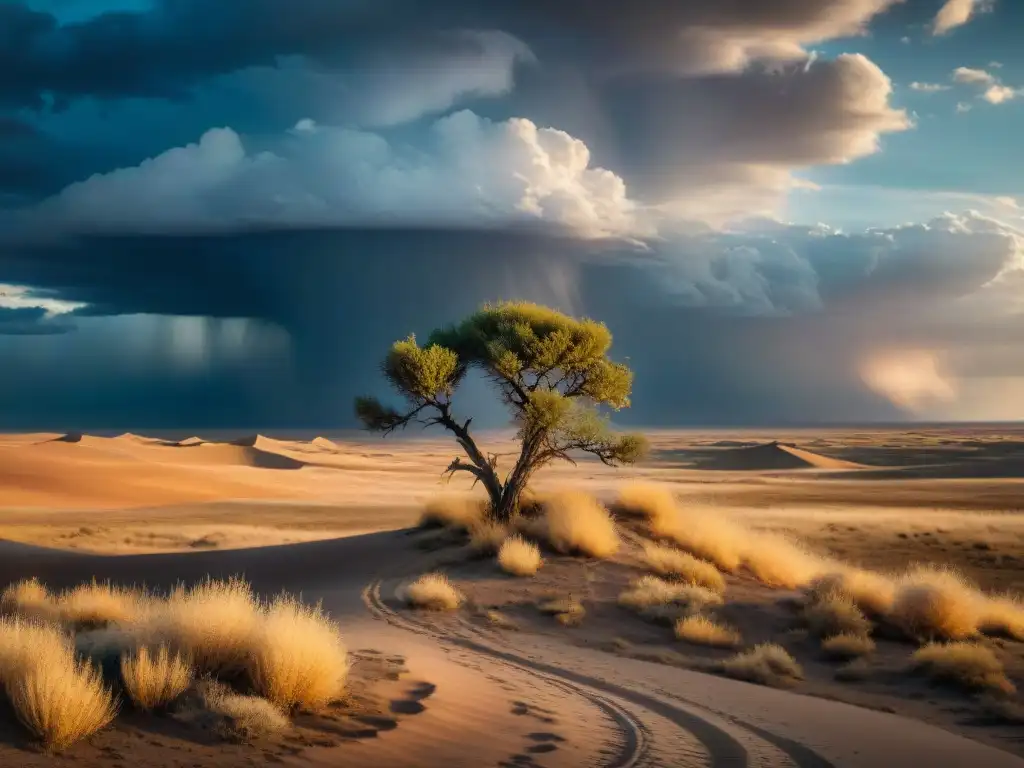 Resiliencia en la Estepa: Belleza Árida y Supervivencia Un solitario arbusto desafiando la sequía en la estepa bajo un cielo tormentoso