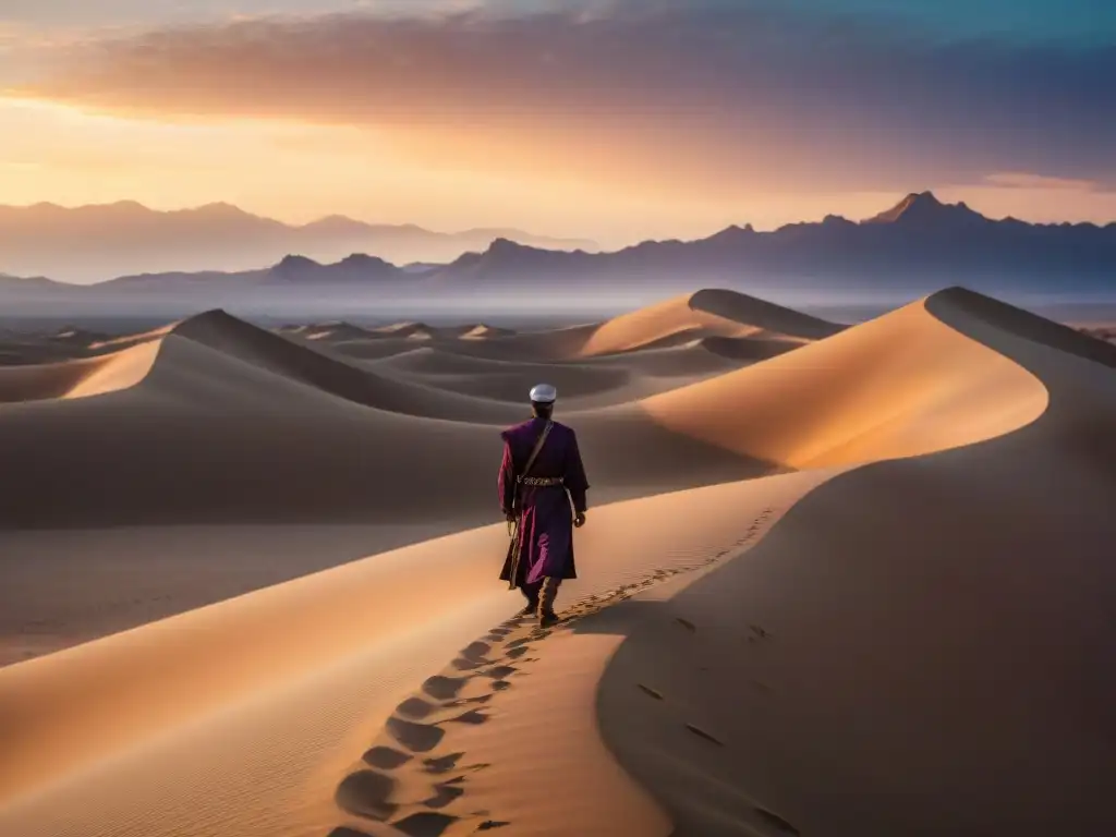 Fotografía de larga exposición de un solitario hombre de tribu nómada en el desierto al atardecer