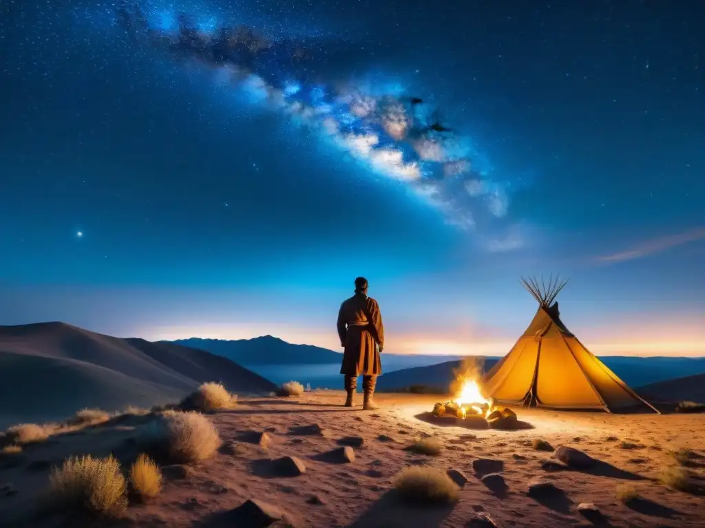 Un solitario hombre de tribu nómada contempla las estrellas en la estepa