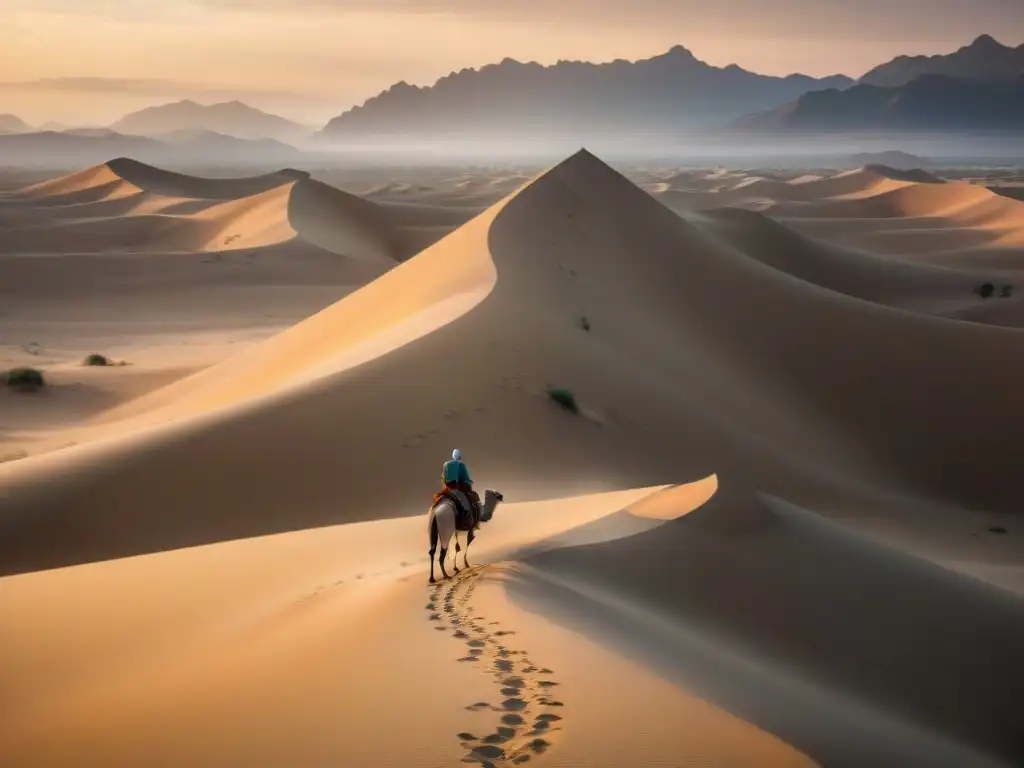 Un solitario nómada en camello atraviesa dunas al amanecer, simbolizando la conexión con la naturaleza