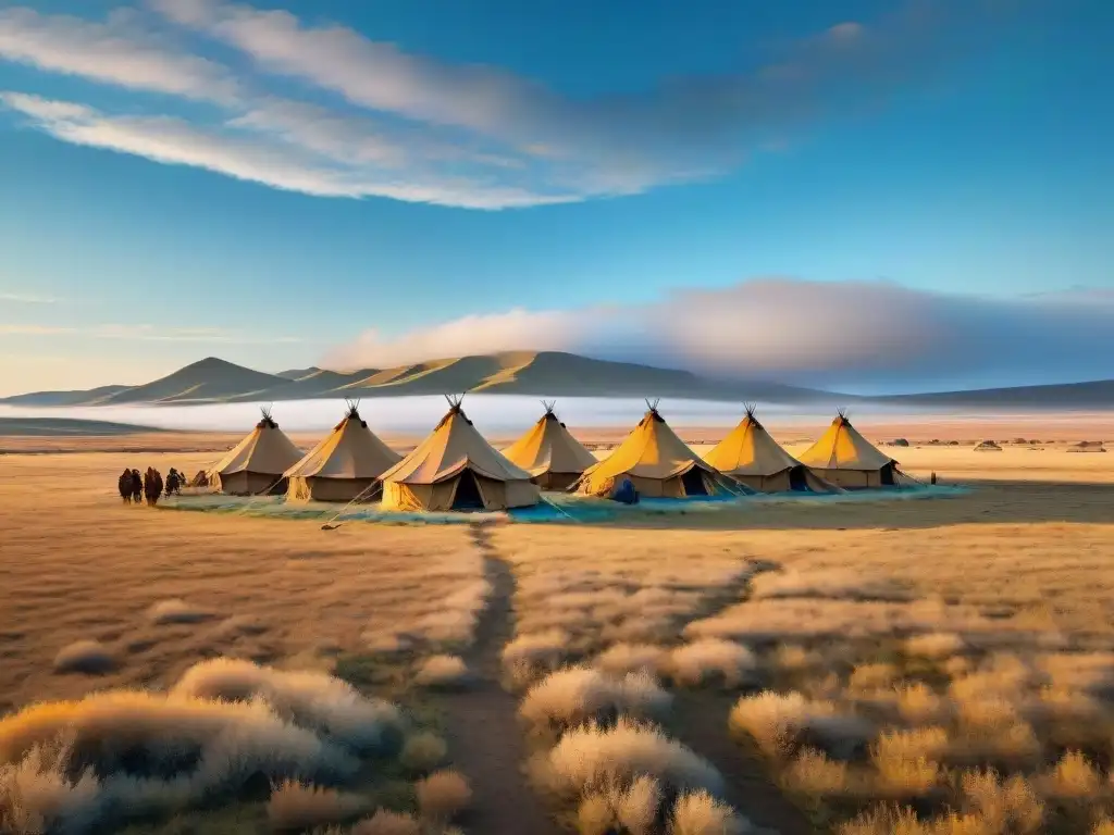 Una steppe dorada se extiende infinita bajo un cielo azul