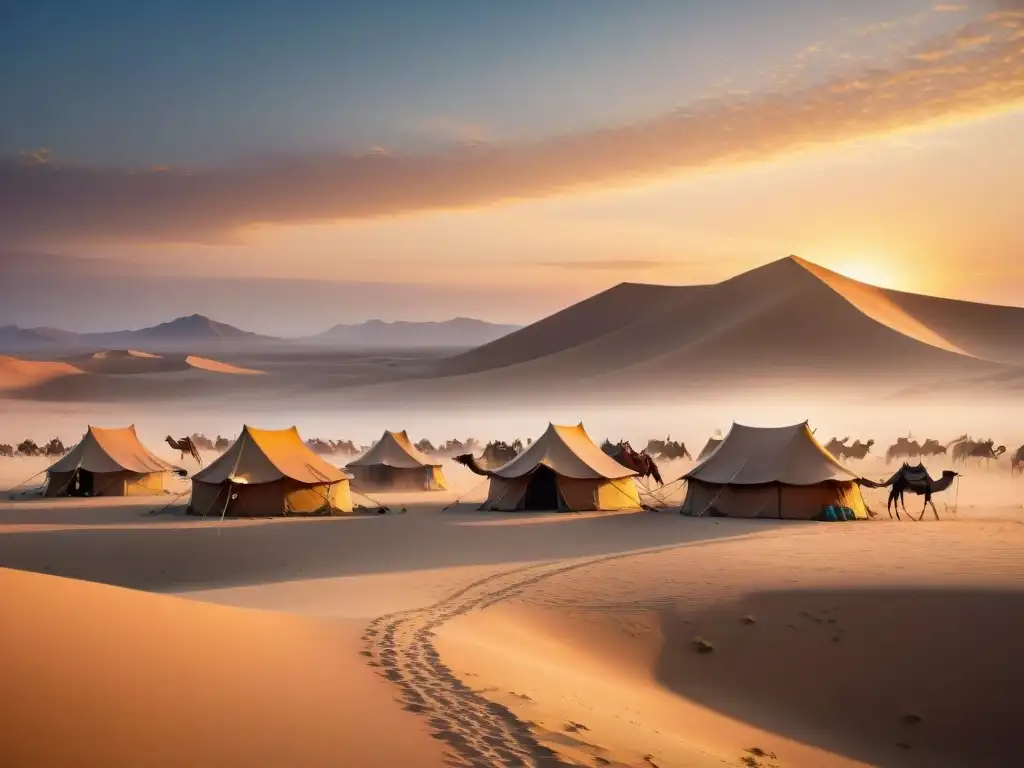 Sueño reparador en la cultura nómada: tribu montando campamento al atardecer en el desierto