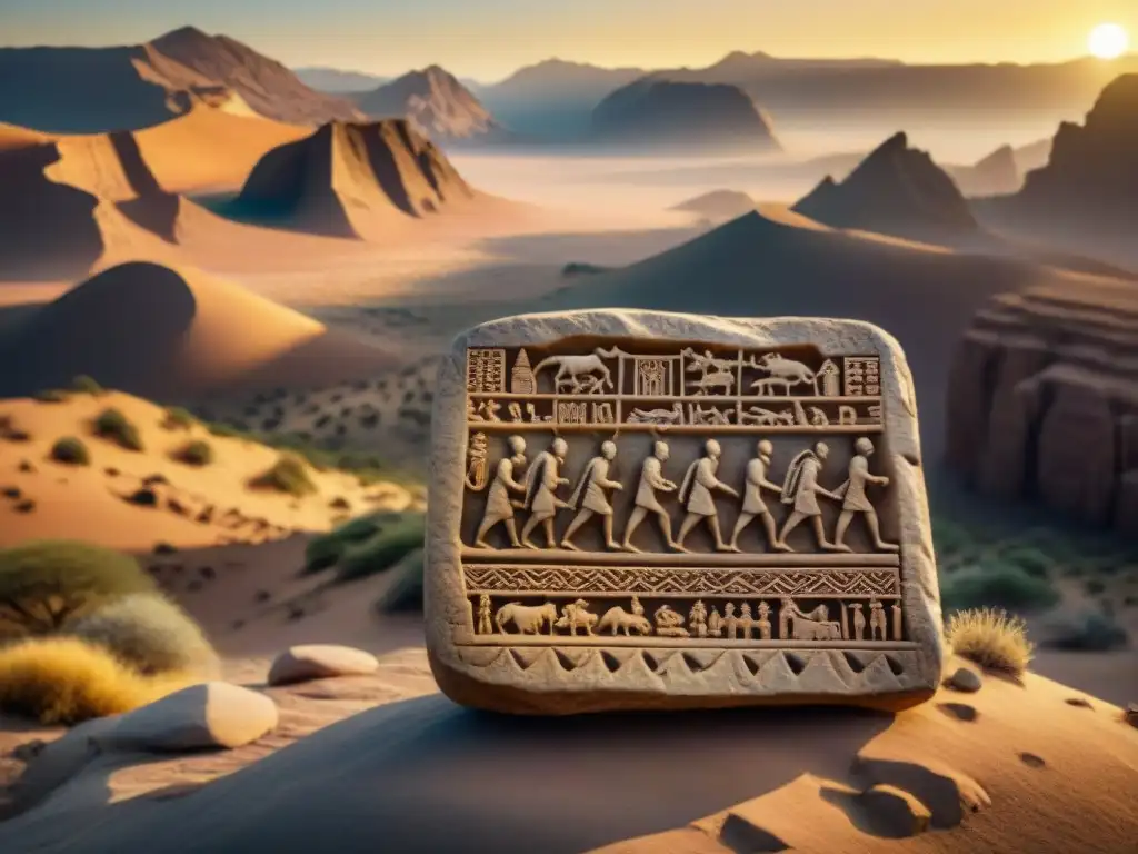 Tableta de piedra esculpida con poesía nómada ancestral, símbolos culturales en desierto al atardecer