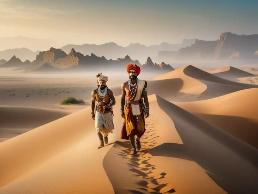 Tácticas tribus nómadas del desierto recorriendo paisaje árido bajo el sol abrasador