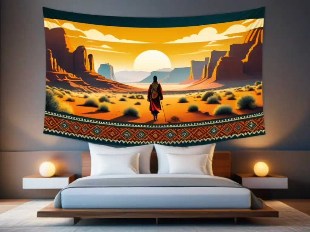 Tapestry de artesanías tribus nómadas en desierto, tonos tierra y patrones geométricos