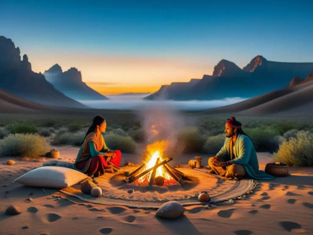 Tapestry de tribu nómada en desierto, conexión espiritual con la naturaleza