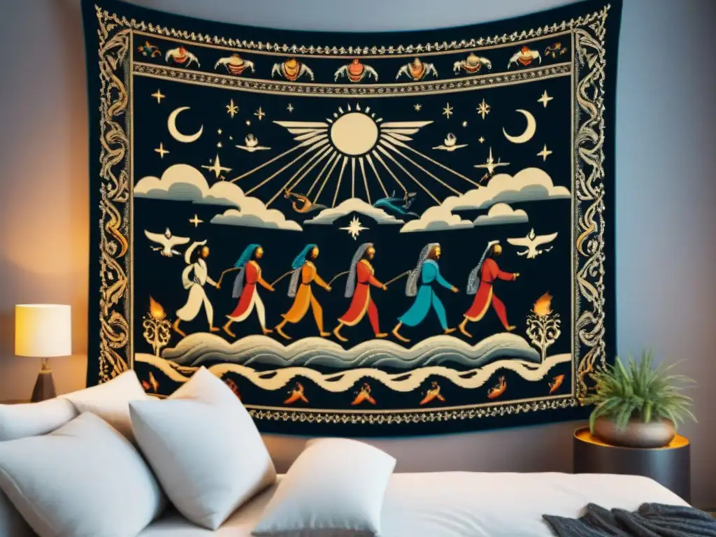 Tapestry vintage intrincado con representaciones de la vida después de la muerte en tribus, en tonos terrosos y patrones tribales