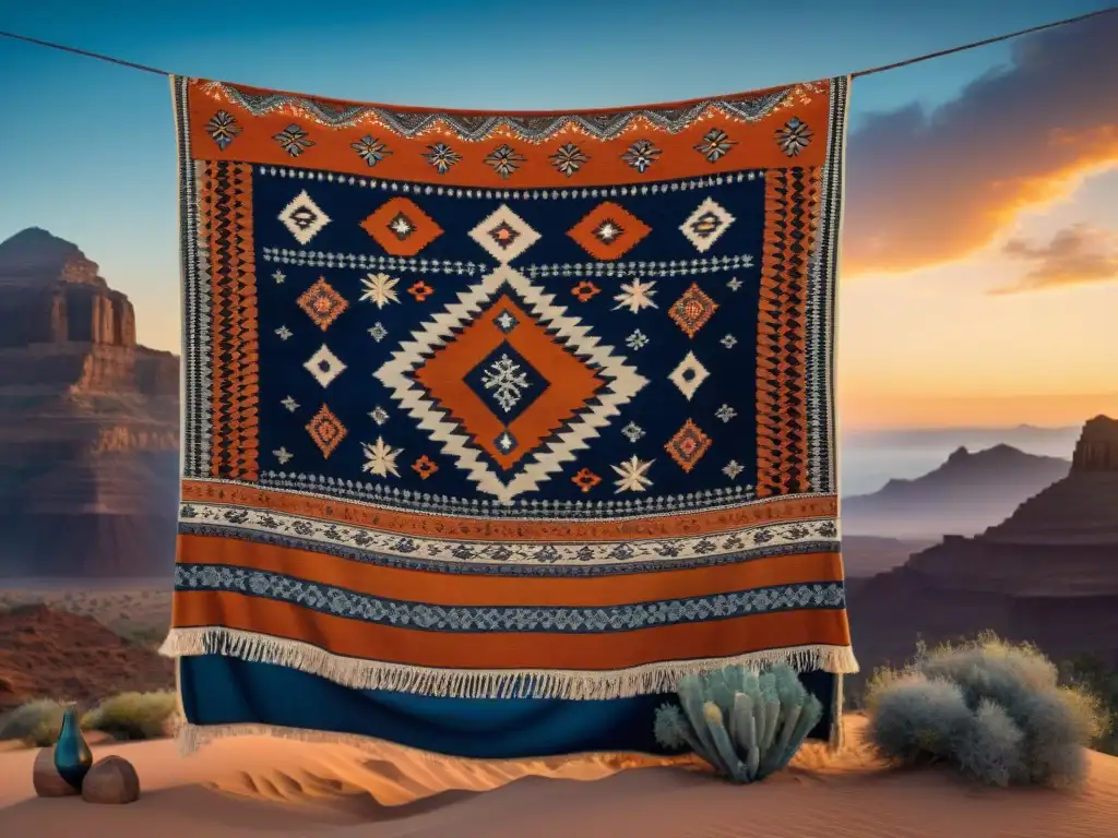 Una tapicería tribal vintage con motivos de tribus nómadas en camellos, evocando misterio y conexión con el universo