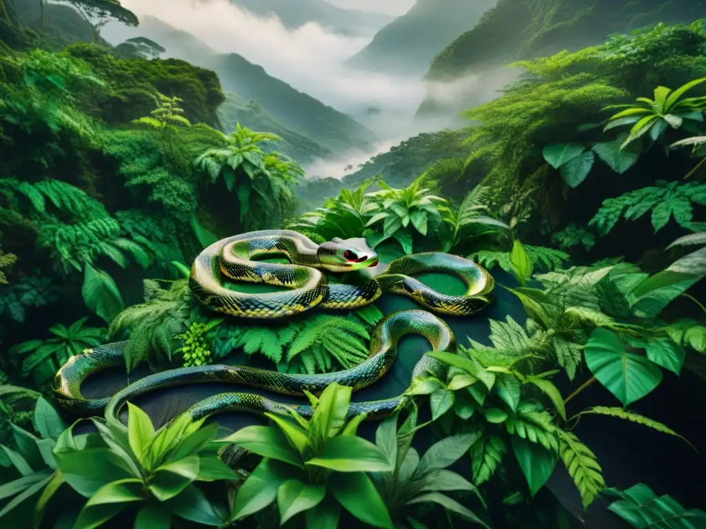 Tapiz vintage: serpiente majestuosa en la jungla Tapiz vintage con serpiente majestuosa en jungla exuberante, escamas iridiscentes bajo la luz filtrada