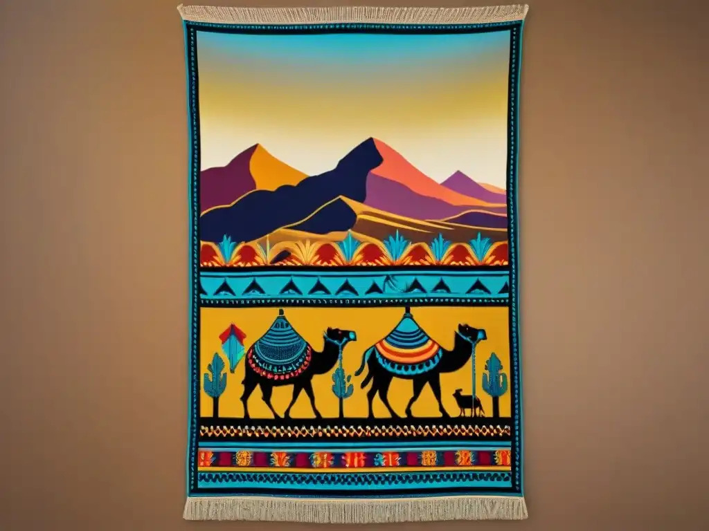 Tapiz de tribus nómadas: símbolos tradicionales, camellos y paisajes desérticos adornados con arte y coloridas hebras al atardecer en dunas