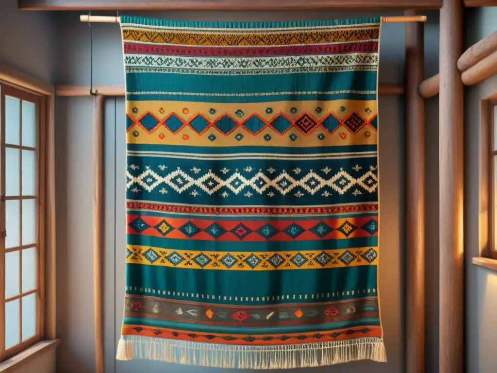 Un tapiz vintage de arte textil en tribus nómadas, con vibrantes colores y complejos patrones que cuentan historias de tradición y comunidad