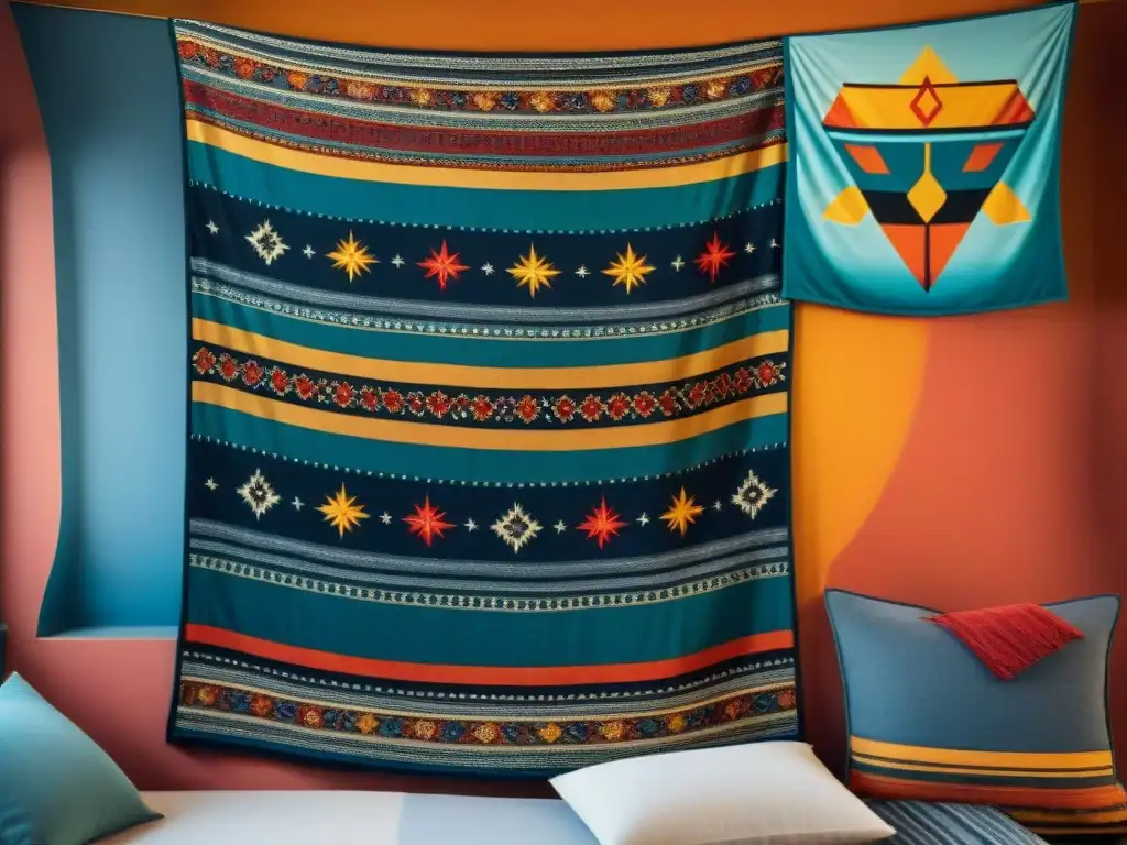 Tapiz vintage entrelazado con colores vibrantes y patrones intrincados, artesanos nómadas creando bajo un cielo estrellado