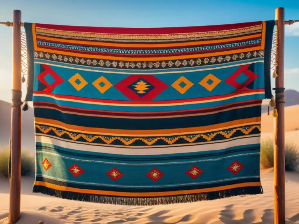 Un tapiz vintage con patrones tradicionales y símbolos en tonos tierra, tejido por artesanos nómadas en un telar de madera en el desierto