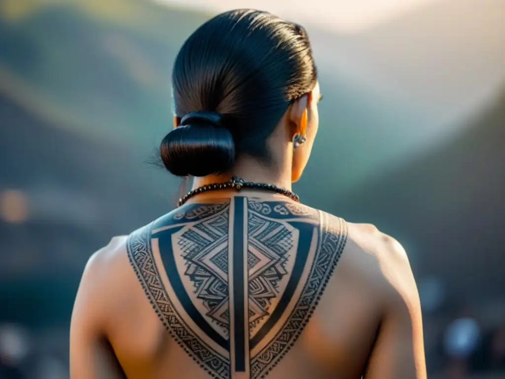 Un tatuaje tribal de profundo significado cultural embellece la espalda de una persona