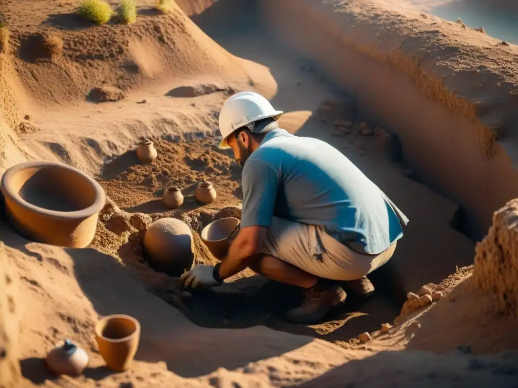 Técnicas de visualización de asentamientos antiguos en excavación arqueológica al sol dorado