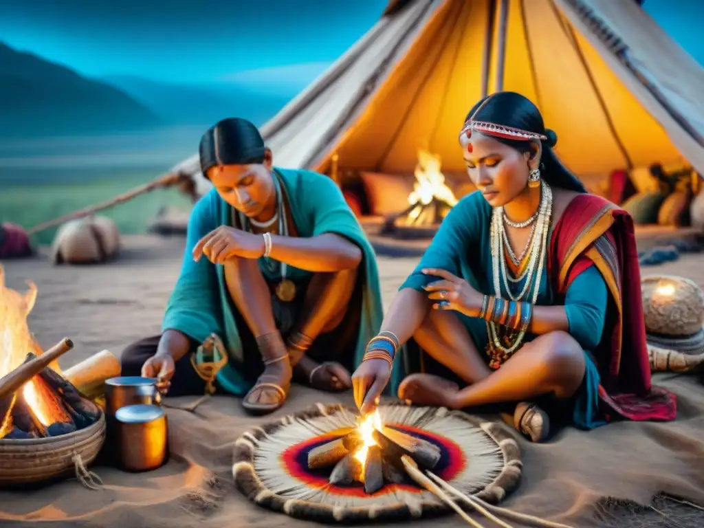 Técnicas creativas de expresión en el estilo nómada: Tribus nómadas crean arte, joyas y danzan alrededor de una fogata bajo un cielo estrellado