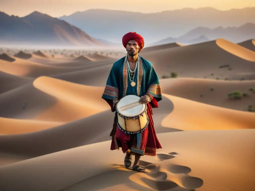 Textil nómada bordado con colores vibrantes en el desierto al atardecer, figura solitaria danzando con tambor