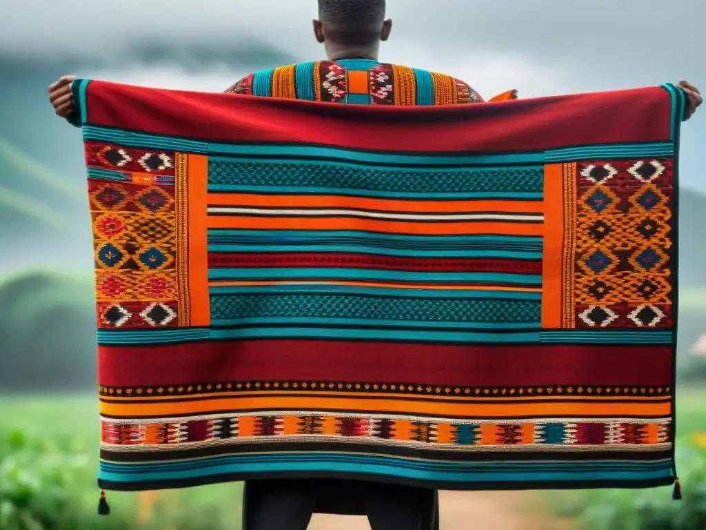 Textil nómada vintage con patrones geométricos en tonos tierra, simbolizando historia y cultura de manera detallada