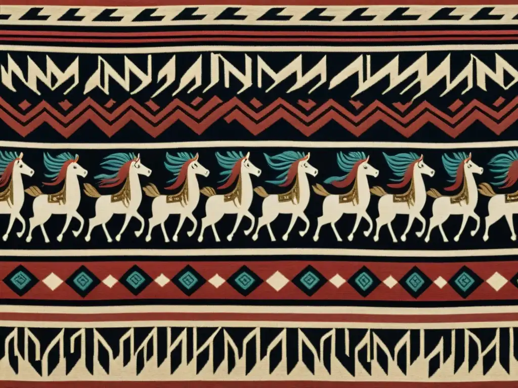 Fragmento textil escita: patrones geométricos en tonos tierra Textil de tribus nómadas con patrones geométricos en tonos tierra y símbolos de la cultura escita