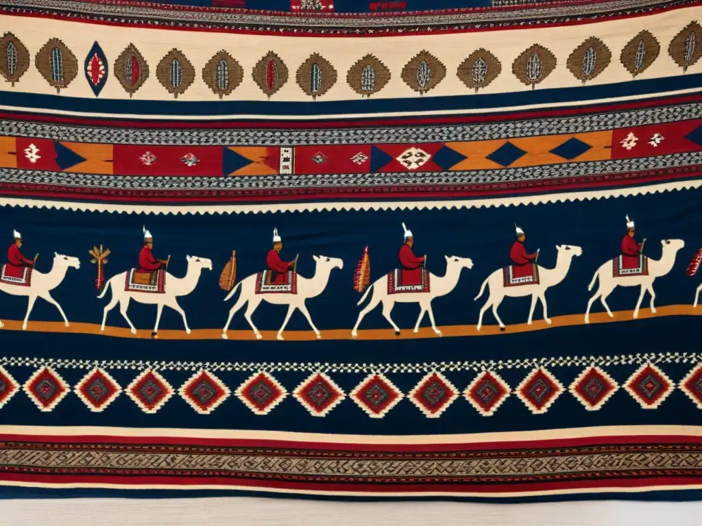 Tapiz textil vintage: arte nómada en tonos terrosos Textil vintage de tribus nómadas: patrones y símbolos en tonos tierra, escenas de vida nómada