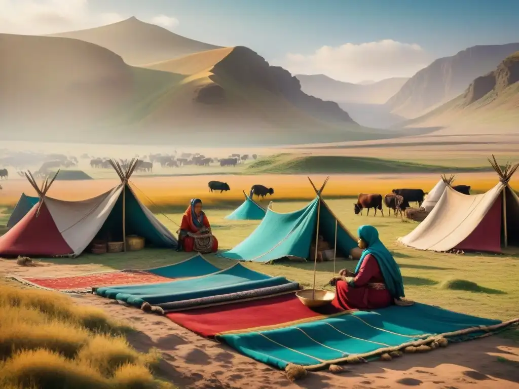 Textiles nómadas de las estepas enriquecen la vida de una tribu en la vastedad del paisaje, tejidos al sol