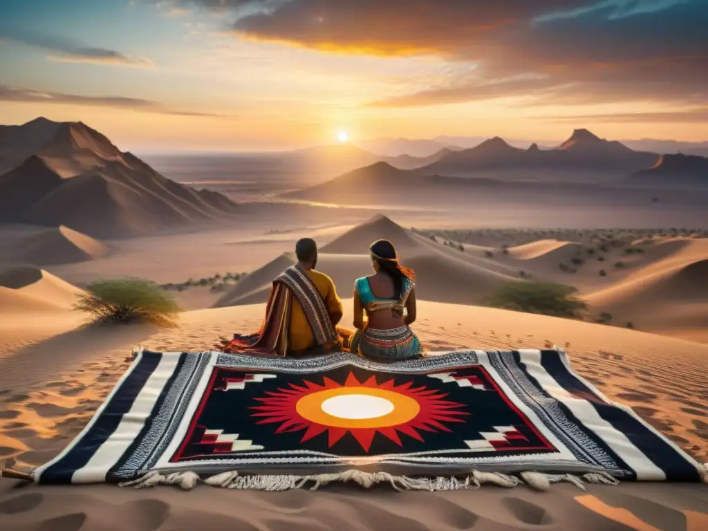 Tribo nómada en desierto: tejidos y tradición Textiles tribus nómadas historia: Tribu nómada reunida alrededor de un tejido intrincado en el desierto al atardecer