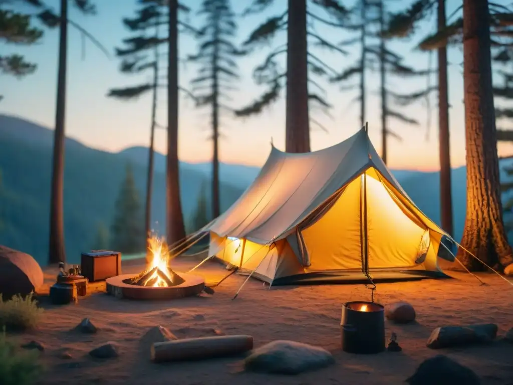 Tienda de campaña para nómadas en un bosque con fogata al atardecer