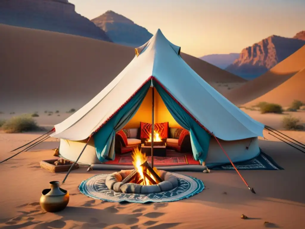 Tienda nómada bordada al atardecer en el desierto Tienda tradicional de tribu nómada bordada, con símbolos y patrones coloridos, resaltando la conservación cultural tribus nómadas