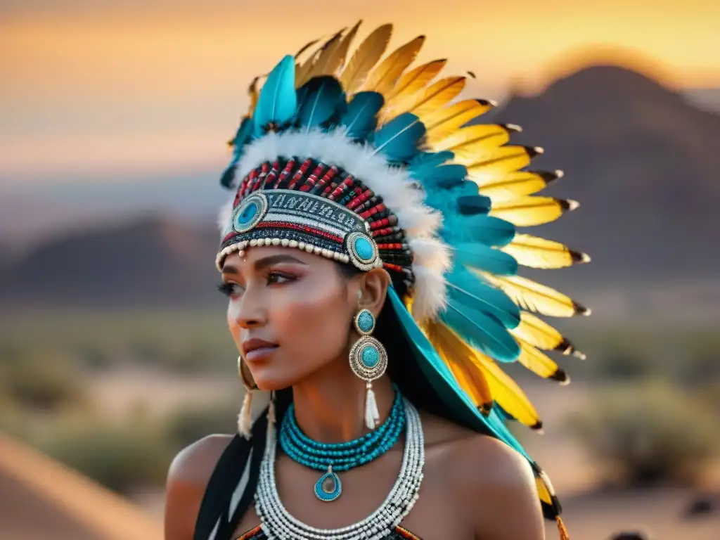 Un tocado tribal vintage con plumas y abalorios en desierto al atardecer, resaltando la identidad nómada en ceremonias de nombramiento