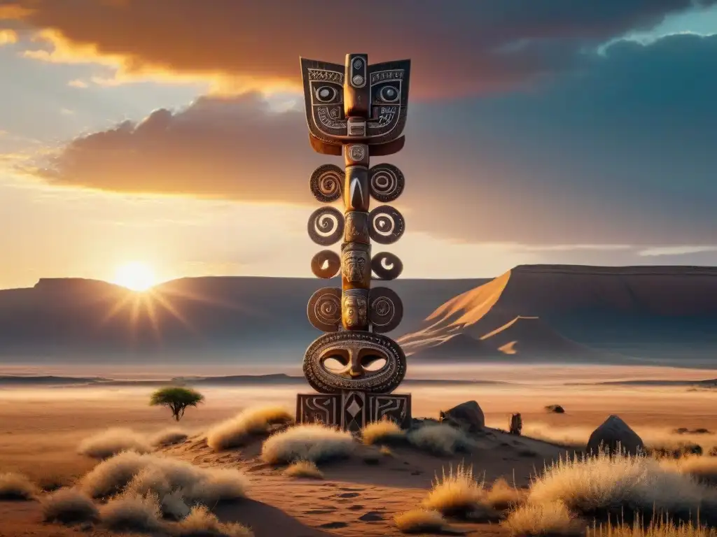 Un totem tribal tallado detalladamente en una estepa ventosa al atardecer, con símbolos de 'Artefactos ceremoniales tribus nómadas'