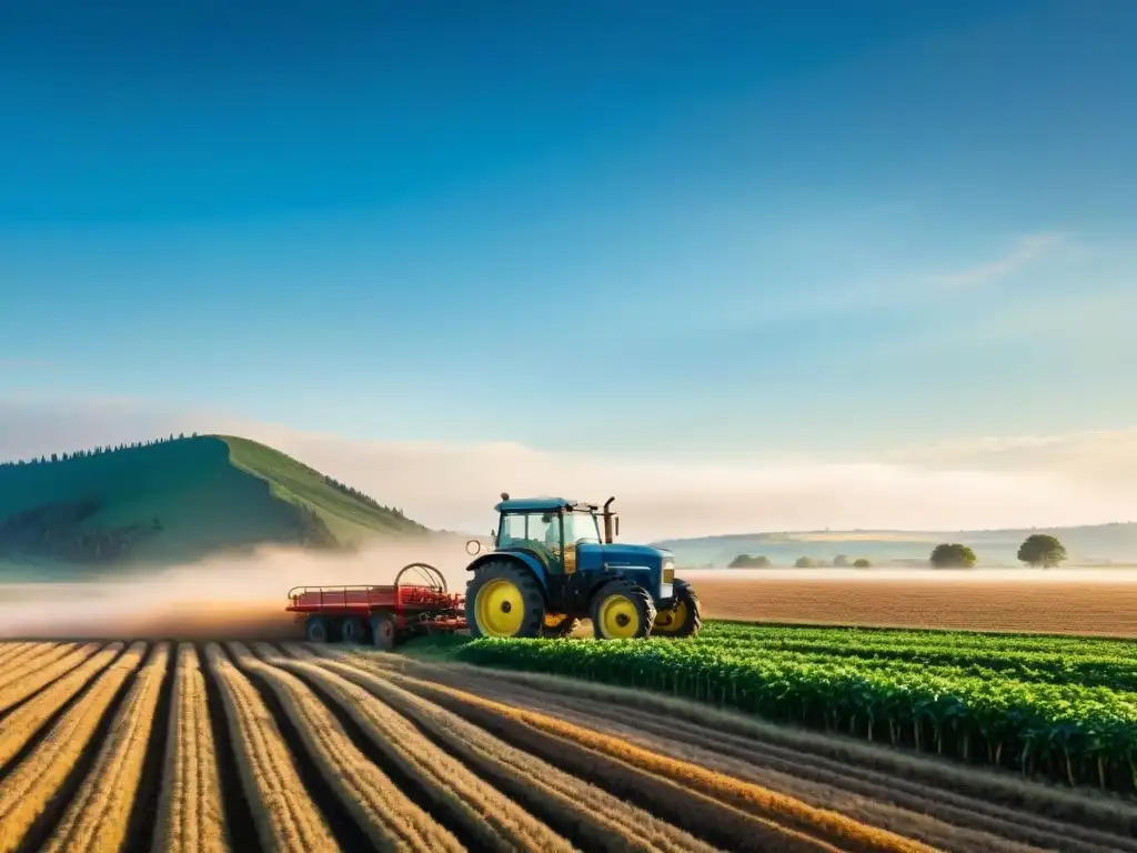 Tractor vintage arando campo dorado bajo cielo azul en estepas, con colinas y árboles dispersos