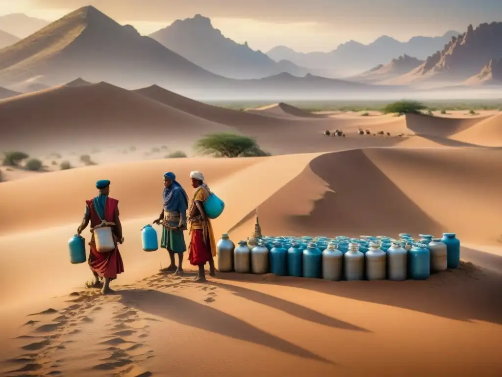 Tradicional gestión del agua en tribus nómadas en desierto árido al atardecer