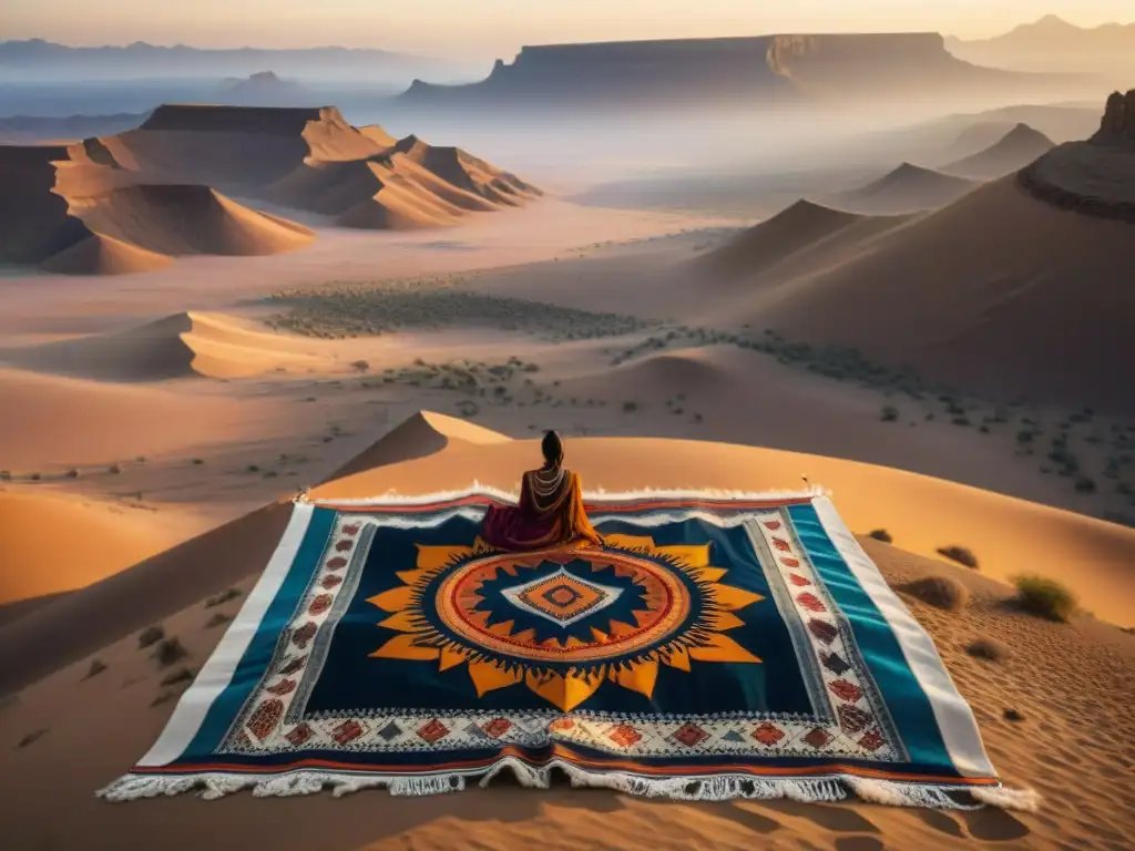 Tapiz tradicional de tribu nómada: colores vibrantes, símbolos de unidad y resiliencia en desierto al atardecer