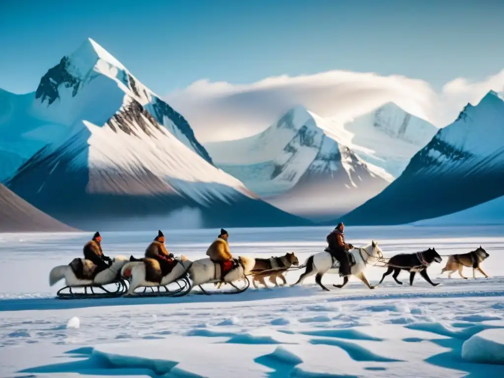 Tradicional tribu nómada en trineos de perros, rodeada de montañas nevadas