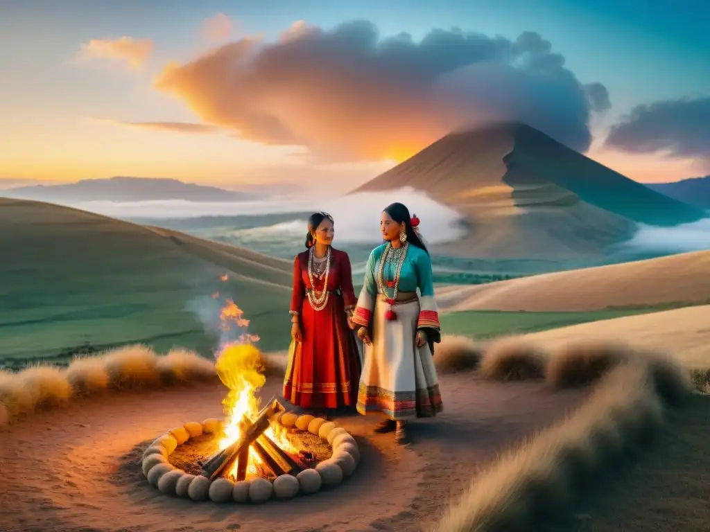 Boda nómada en las estepas: danza ceremonial al atardecer Tradiciones matrimoniales de tribus nómadas: Mujeres danzando alrededor de una fogata en las estepas al atardecer