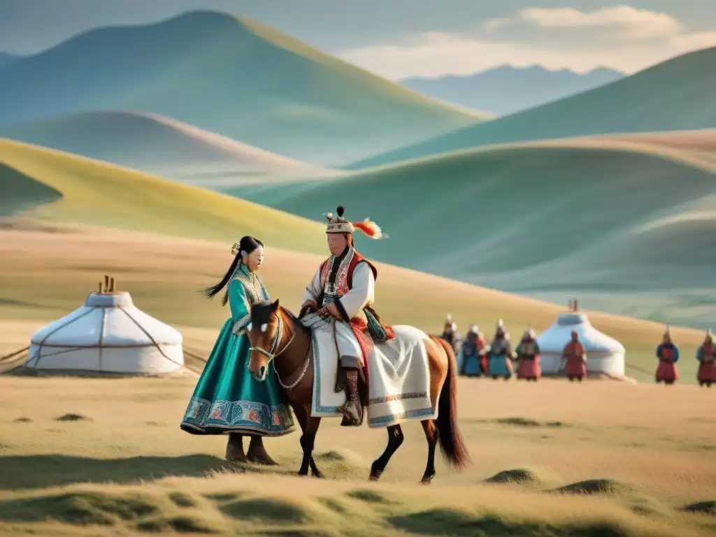 Boda tradicional mongola: amor en la estepa Tradiciones matrimoniales de tribus nómadas en una boda mongol en la estepa, con novia a caballo y danzas tribales bajo el cielo abierto