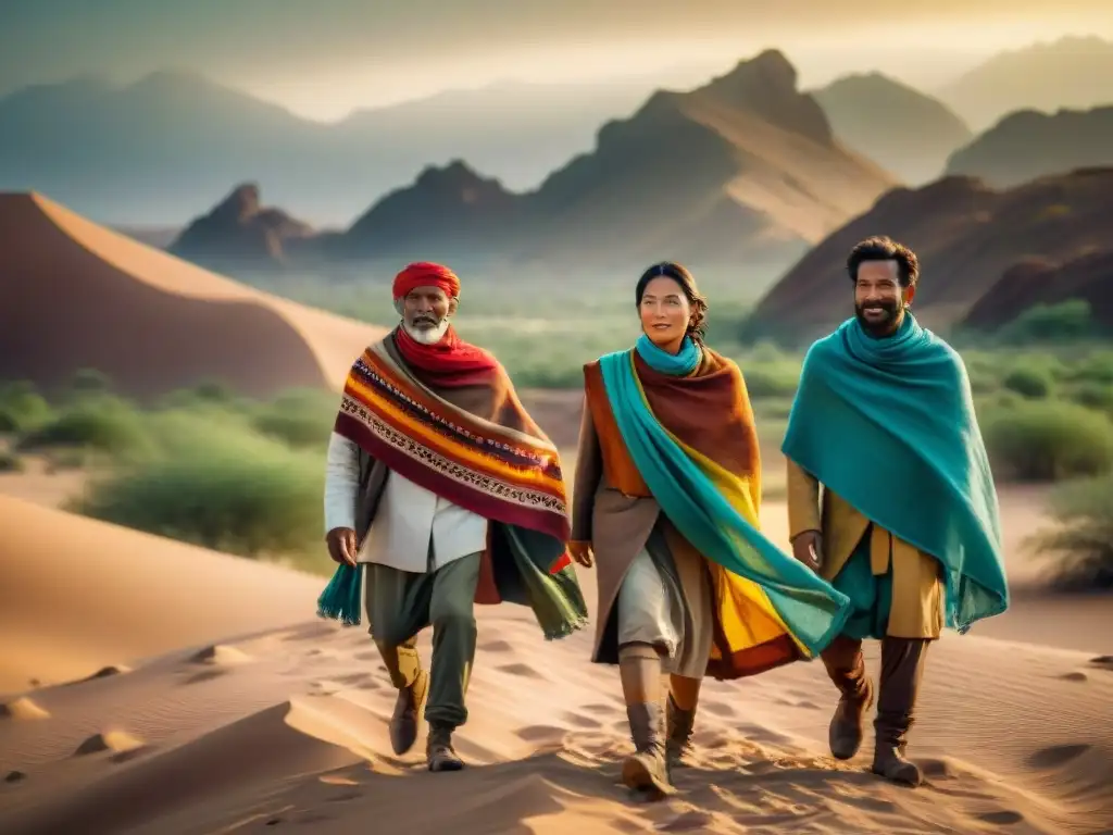 Tradiciones nómadas en el desierto: viaje en camello bajo el sol abrasador, caras cubiertas y ropa tradicional al viento