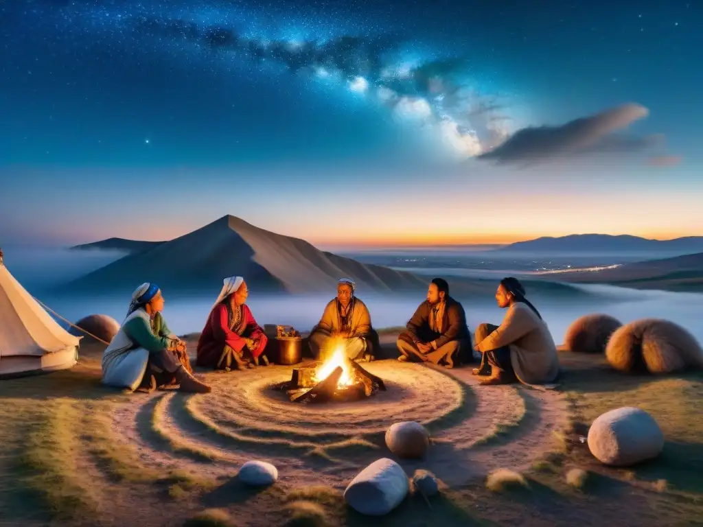 Tradiciones de tribus nómadas en las estepas: miembros reunidos alrededor de fogata bajo cielo estrellado