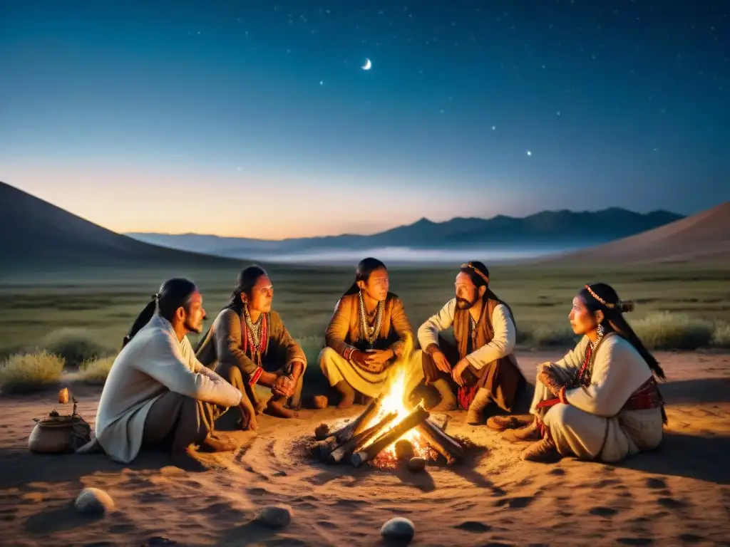 Tradiciones tribus nómadas estepas: Noche estrellada en la estepa, tribus alrededor de fogata, reflejos en sus rostros y atuendos