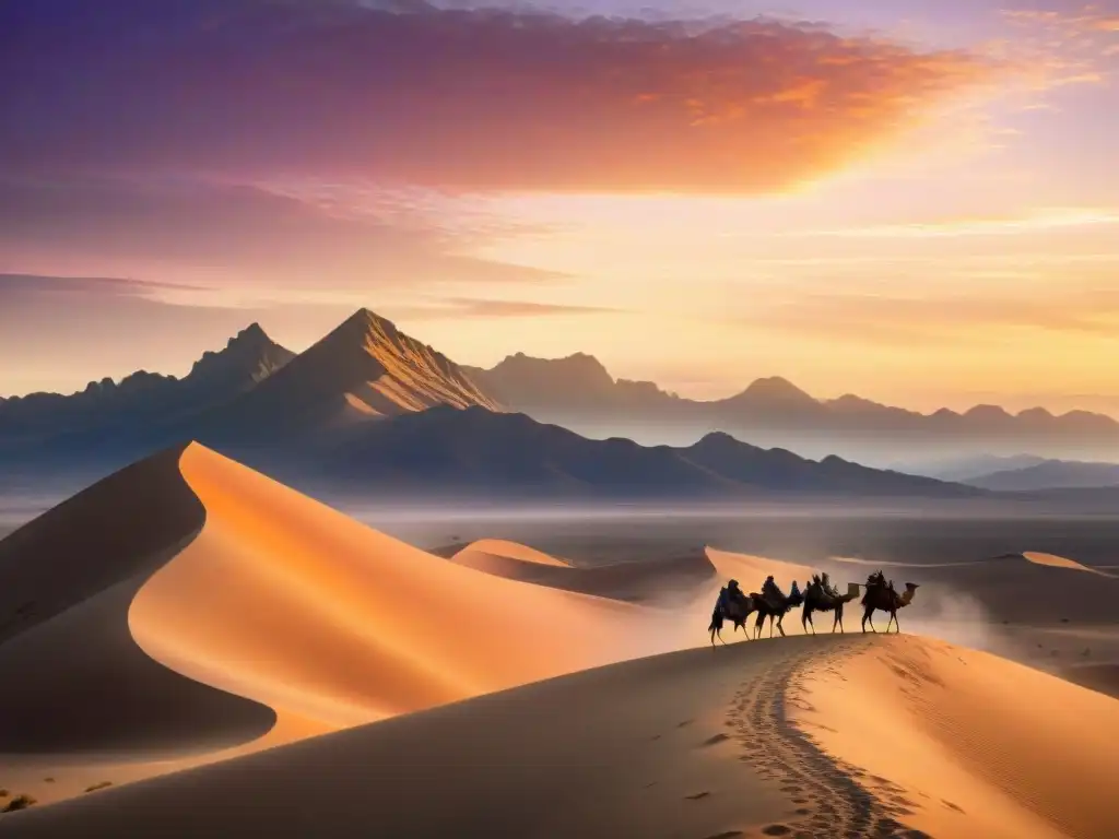 Tranquilidad en el desierto: tribu nómada al atardecer Un tranquilo atardecer en el desierto con tribu nómada y camellos