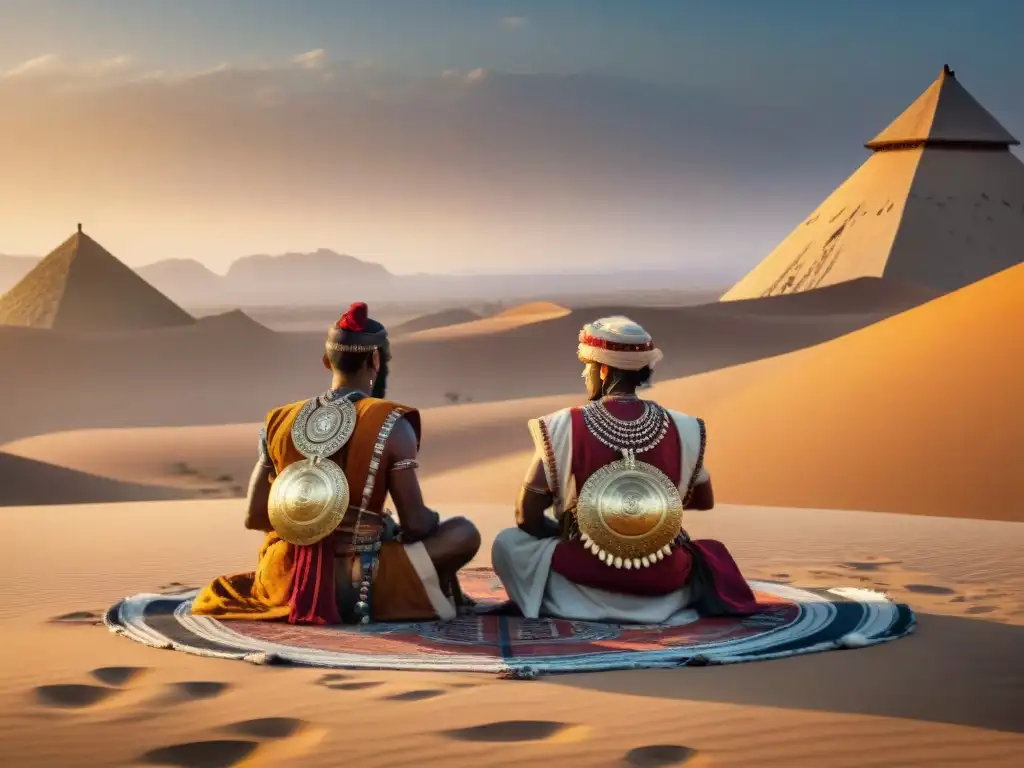 Tratados entre tribus nómadas en el desierto al atardecer, líderes discutiendo con sabiduría ancestral