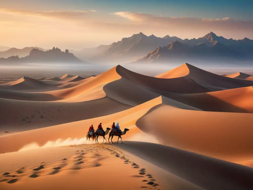 Elegancia nómada: tribu en desierto al atardecer Travesía dorada de tribus nómadas en desierto al atardecer, con patrones tradicionales y camellos