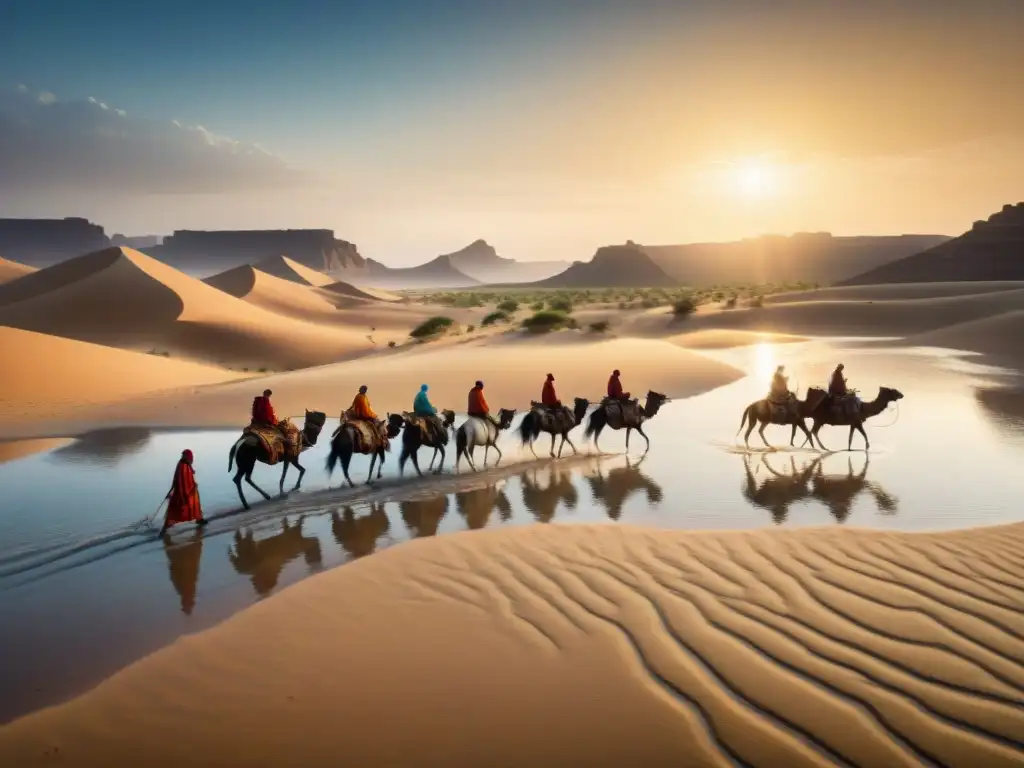 Travesía de tribu nómada en desierto, con piel de agua decorada, reflejando sol