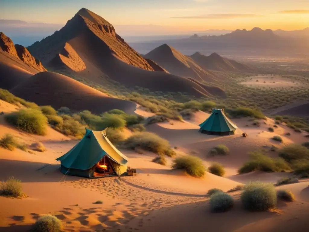 Travesía de una tribu nómada por desiertos áridos en camellos, con tiendas y atuendos tradicionales al atardecer