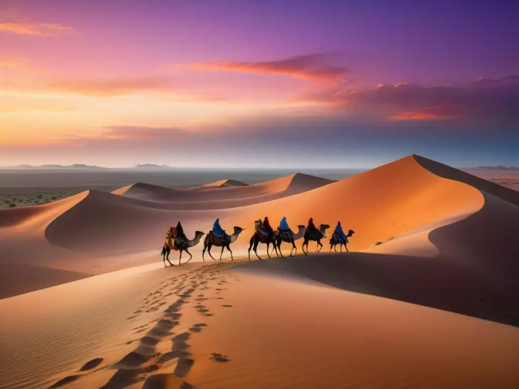 Travesía de tribus nómadas en desierto al atardecer, resaltando su cultura y legado ancestral