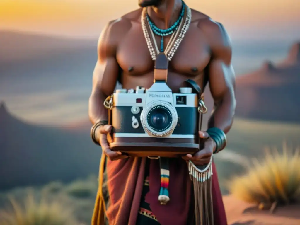 Fotógrafo tribal con cámara vintage en colinas al atardecer