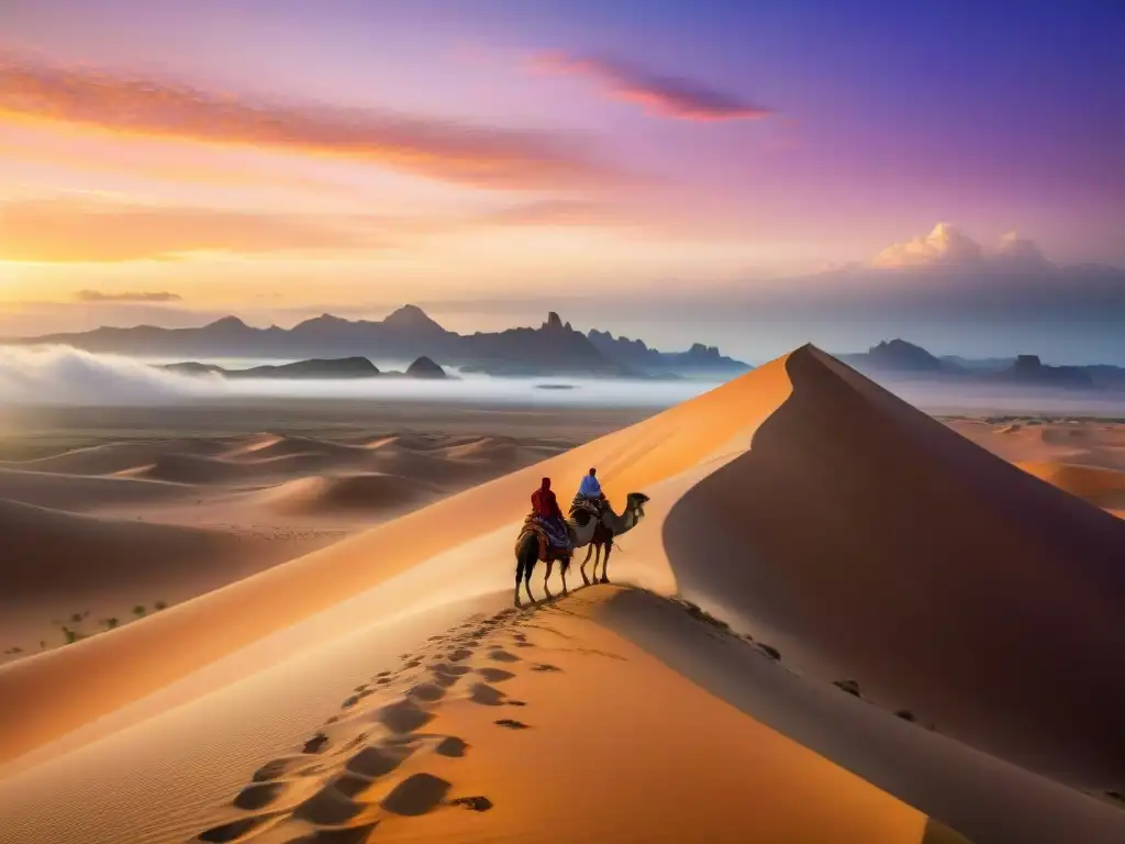 Líder tribal nómada en duna desértica al atardecer, con camellos y cielo anaranjado, legado de tribus nómadas inspirando